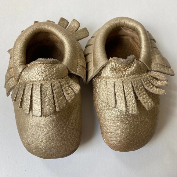 MOCCASIN Gold Leather Fringe Soft Sole 12-18 - Picture 3 of 10